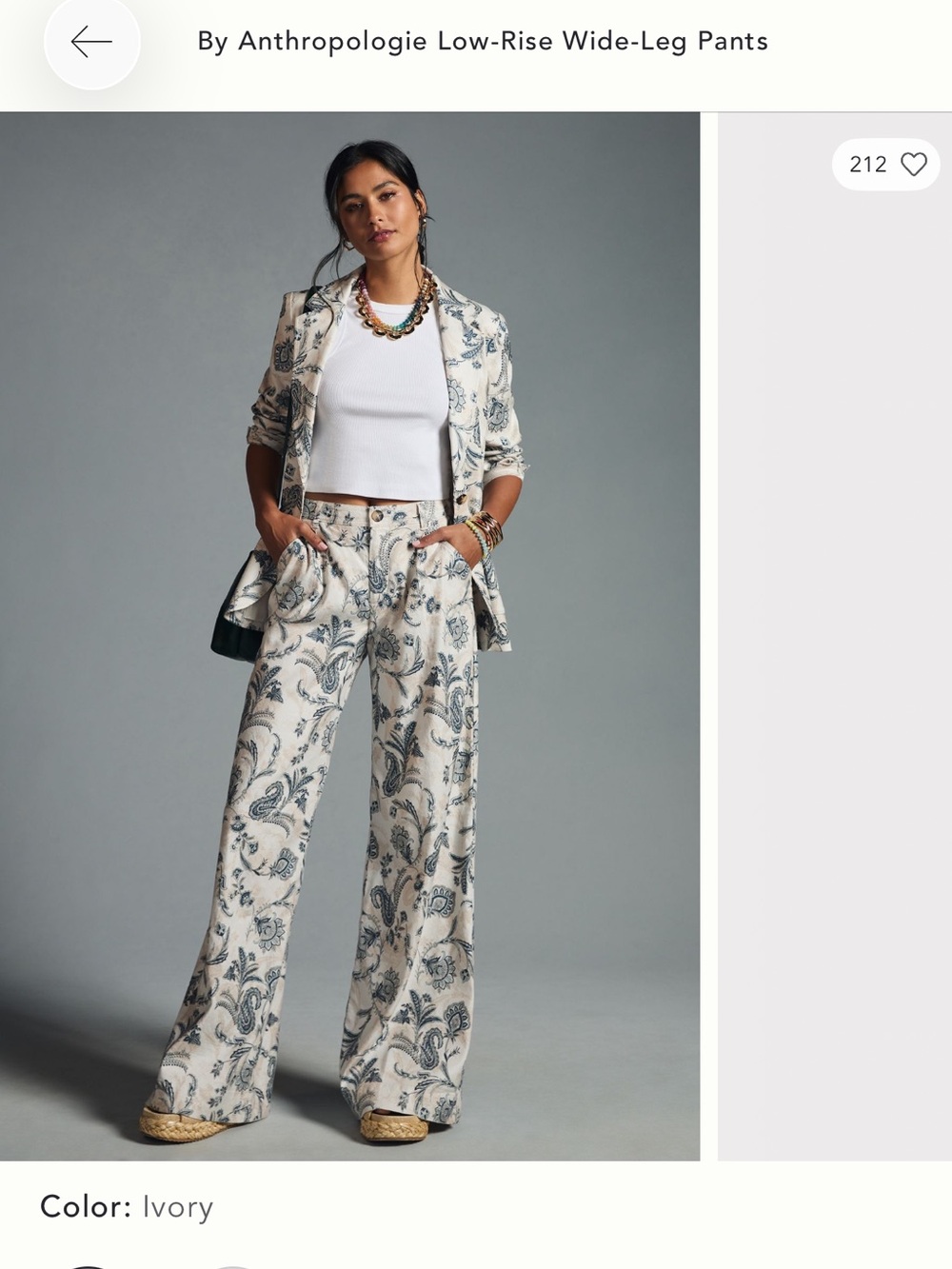 Anthropologie Cream Wide-Leg Pants with Blue Paisley Print